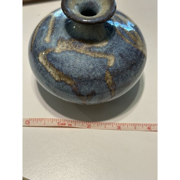 Studio Art Pottery Mini Vase Pot Artist Signed Blue Drip Short Squat Glazed - Picture 8 of 9